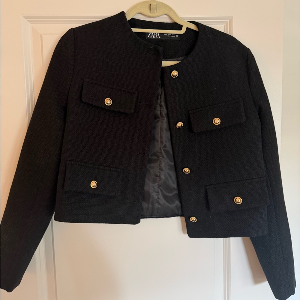 Zara Black Cropped Blazer with Gold Buttons